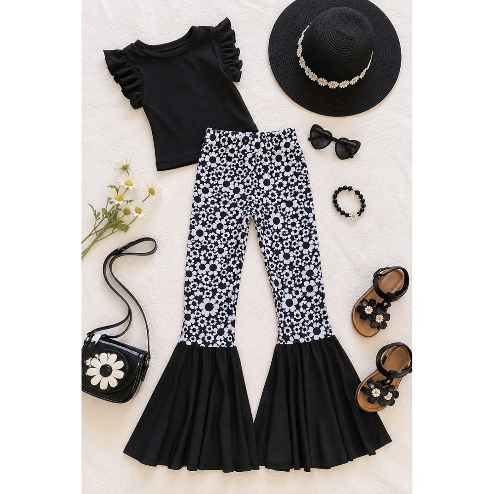 Handmade by Cookie Black White Daisy Floral Ribbed BellBottom Flare Pant Girls 7